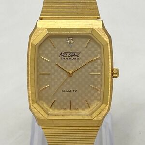 Vtg Nelsonic Tank Watch Men 28mm Gold Tone Diamond Adjustable Band New Battery